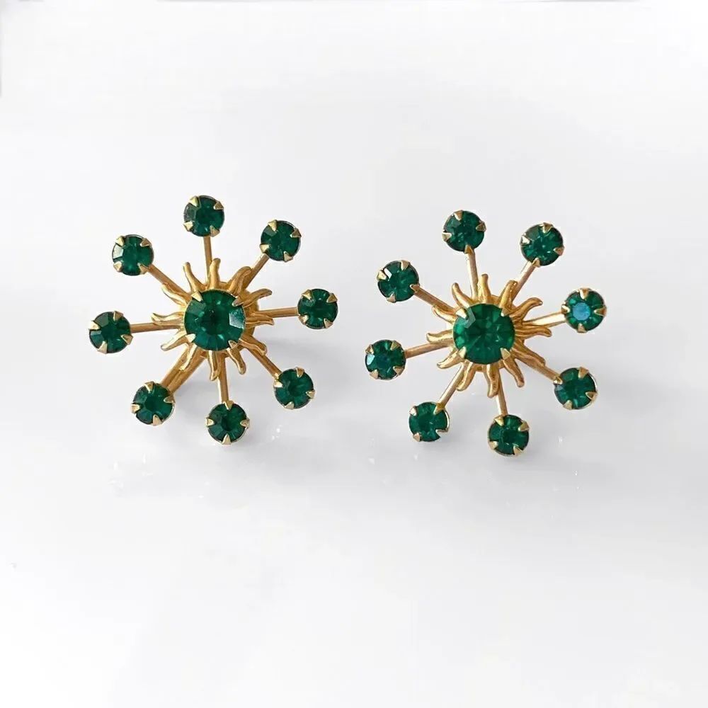 Vintage Emerald Rhinestone Starburst Earrings